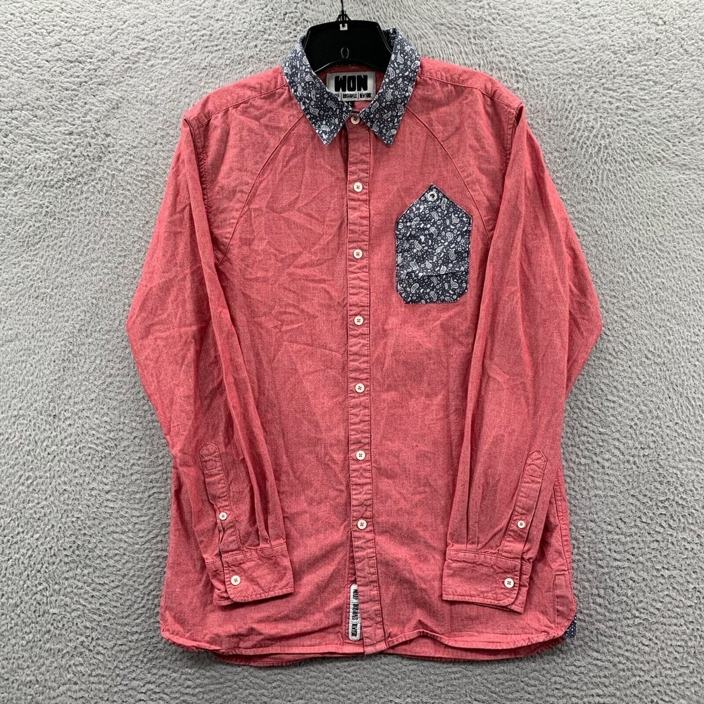 WON Woolf Originals New York Shirt Mens Large Button Up Long Sleeve Red Gray